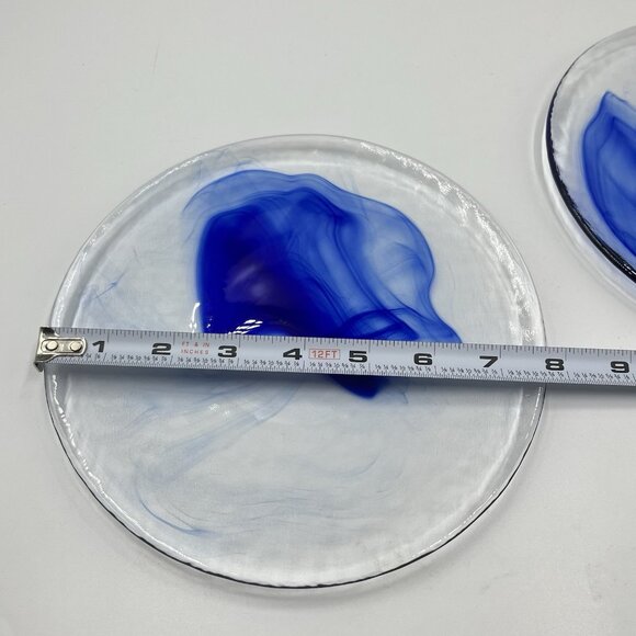 2 Bormioli Rocco Murano Cobalt Blue Swirl Clear Glass Salad Plates 8" Vintage - Picture 3 of 5